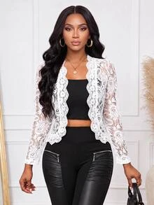 SHEIN Lady Áo khoác ren viền bèo nhún thanh lịch cho nữ, mùa thu - trắng - Xem 2