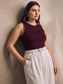 Anewsta Plus Size Modern New Women's Summer Outfit Studded Decor Minimalist Fashion Round Neck Tank Top Commute Holiday Wear - Burgundy - View 4