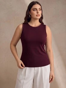 Anewsta Plus Size Modern New Women's Summer Outfit Studded Decor Minimalist Fashion Round Neck Tank Top Commute Holiday Wear - Burgundy - View 5