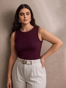 Anewsta Plus Size Modern New Women's Summer Outfit Studded Decor Minimalist Fashion Round Neck Tank Top Commute Holiday Wear - Burgundy - View 6