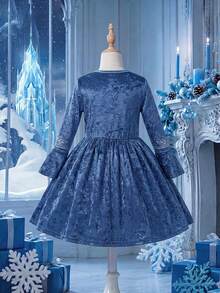 SHEIN Girls Outfit Set, 1pc Blue Round Neck Long Sleeve Waist-Cinching A-Line Flared Dress, Elegant Lady Style Suitable For Daily Wear, Commuting And Party - Blue - View 2