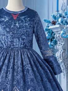 SHEIN Girls Outfit Set, 1pc Blue Round Neck Long Sleeve Waist-Cinching A-Line Flared Dress, Elegant Lady Style Suitable For Daily Wear, Commuting And Party - Blue - View 4