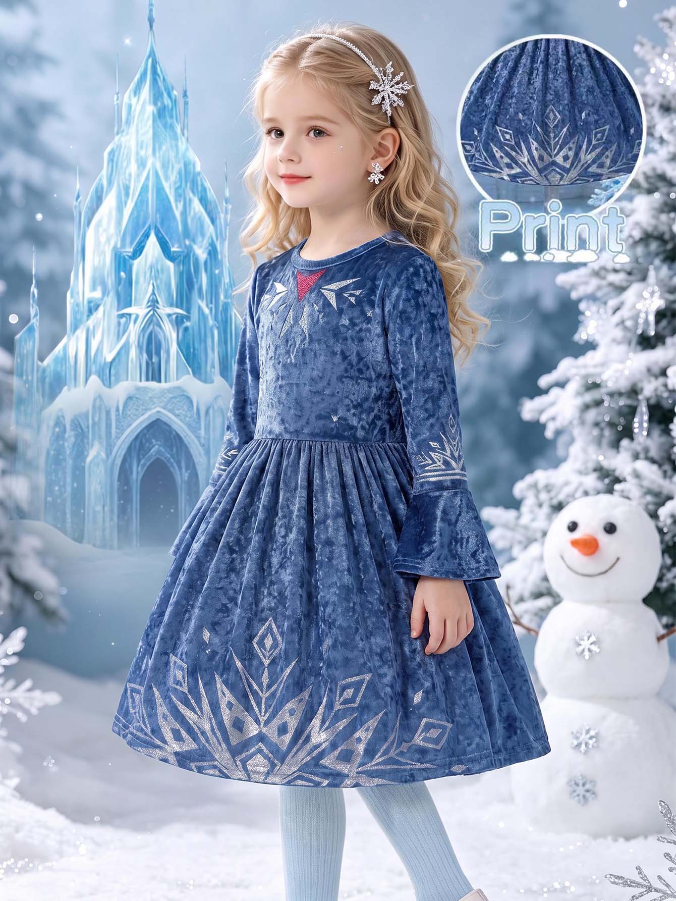 SHEIN Girls Outfit Set, 1pc Blue Round Neck Long Sleeve Waist-Cinching A-Line Flared Dress, Elegant Lady Style Suitable For Daily Wear, Commuting And Party - Blue - View 1