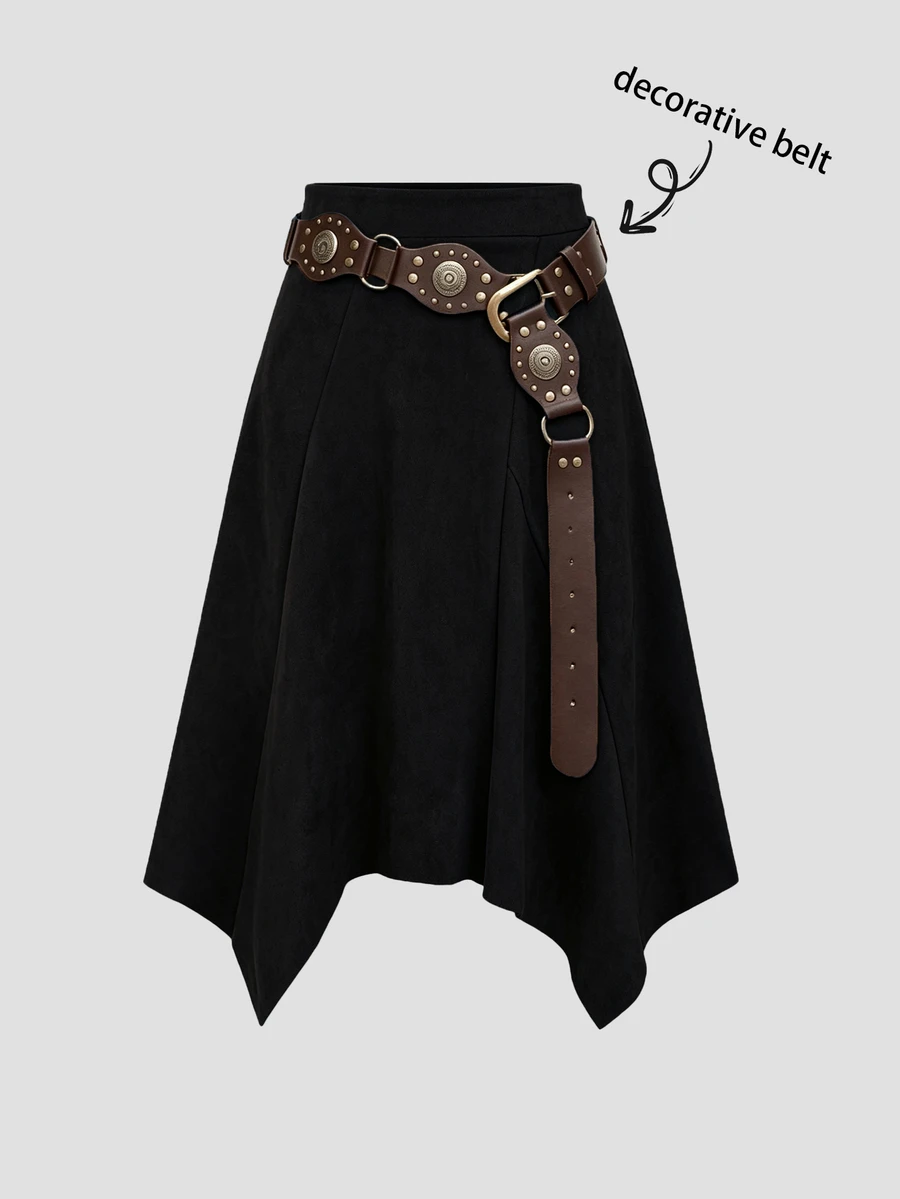 Sweetra Women's Summer New Suede Fabric Asymmetrical Hemline Skirt, Suitable For Shopping, Commuting And Daily Wear - Black - View 1