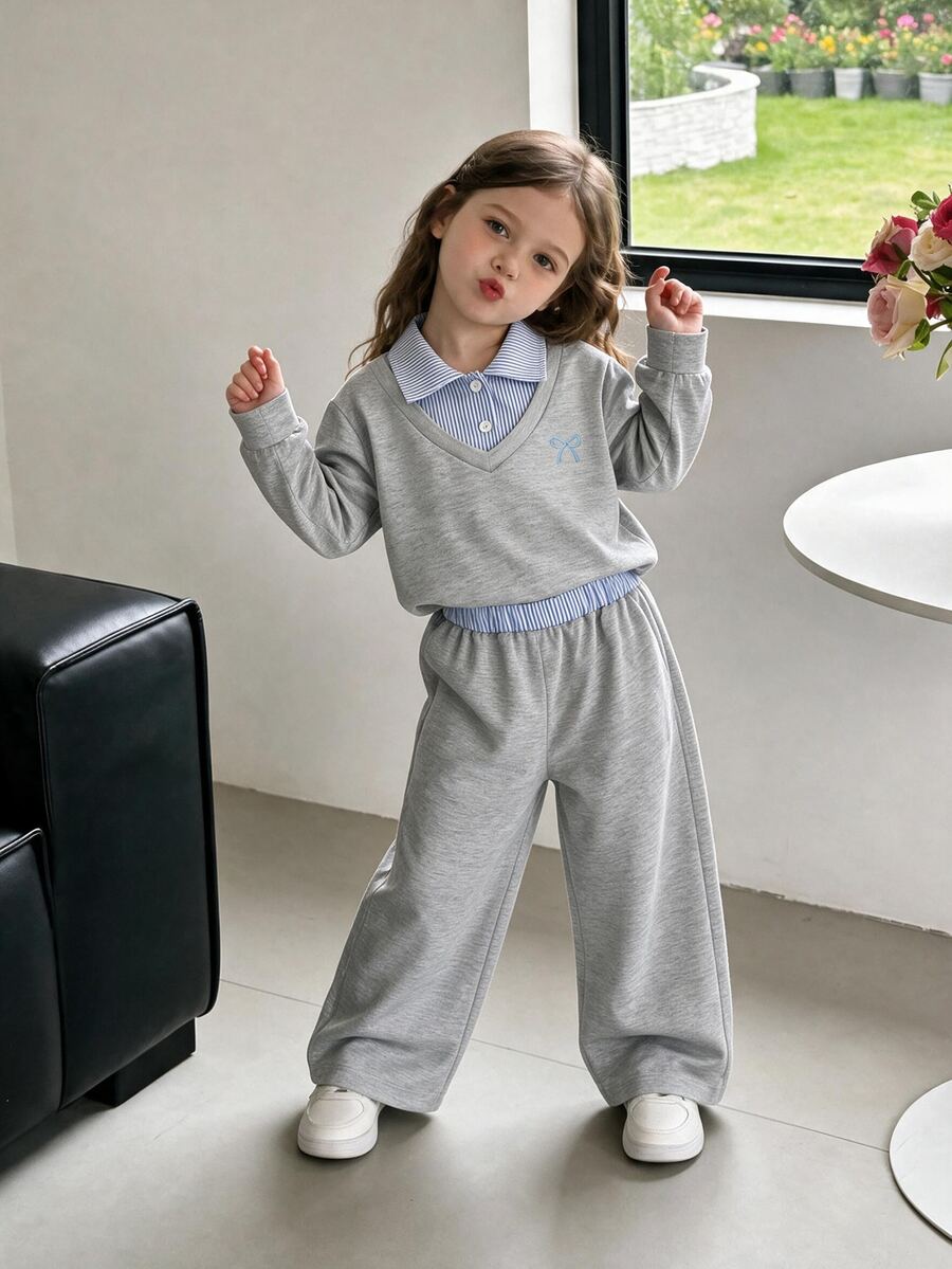 SHEIN Genkimix Kids 女童 2 件套,淺灰色長袖上衣,藍白垂直條紋領口,假領層次設計,蝴蝶結刺繡,搭配長褲,7 歲生日秋季款 - 灰色 - 查看 1