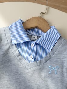 SHEIN Genkimix Kids 女童 2 件套，淺灰色長袖上衣，藍白垂直條紋領口，假領層次設計，蝴蝶結刺繡，搭配長褲，7 歲生日秋季款 - 灰色 - 查看 8