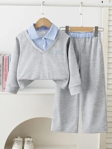 SHEIN Genkimix Kids 女童 2 件套，淺灰色長袖上衣，藍白垂直條紋領口，假領層次設計，蝴蝶結刺繡，搭配長褲，7 歲生日秋季款 - 灰色 - 查看 7