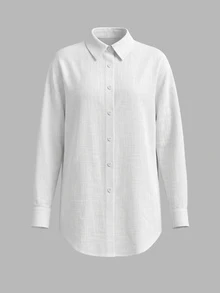 SHEIN 100%純棉柔軟舒適水洗做舊紋理布料 米色休閒度假風椰子樹鏤空刺繡 寬鬆海灘開襟翻領長袖襯衫洋裝 - 白色 - 查看 4