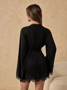 HautHeat Women's Lace Patchwork Casual Daily Home Sleepwear - Black - View 2