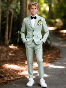 大童男孩鼠尾草綠長袖西裝外套長褲套裝 秋季婚禮賓客派對晚宴拍照學校正式場合 80年代風格休閒正裝童裝 灰色 - 綠色 - 查看 2