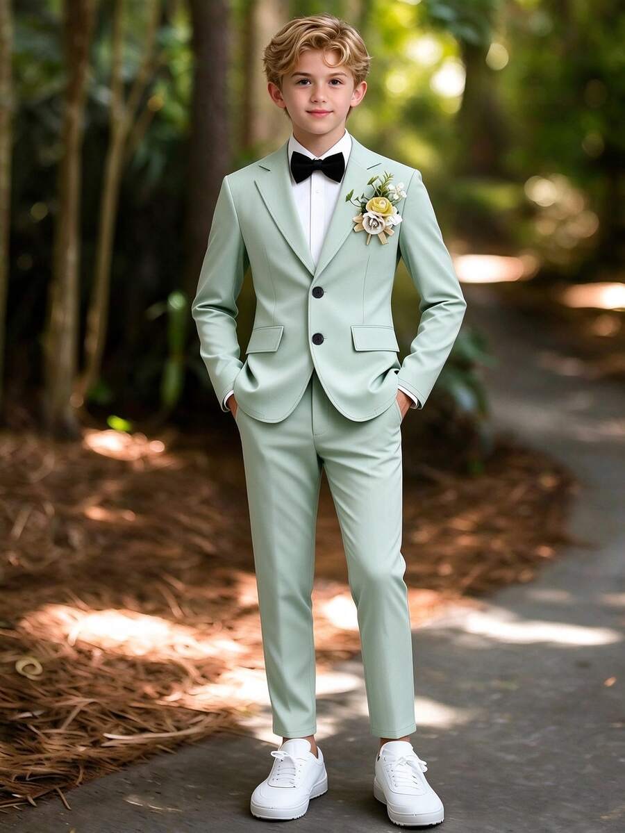 大童男孩鼠尾草綠長袖西裝外套長褲套裝 秋季婚禮賓客派對晚宴拍照學校正式場合 80年代風格休閒正裝童裝 灰色
