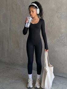 SHEIN Tween Girl Casual Daily Square Neck Fitted Jumpsuit Black Sporty - Black - View 1