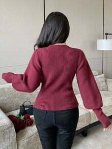 Modelyn Women's Solid Color Casual Daily Long Sleeve Sweater - Burgundy - View 2