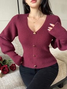Modelyn Women's Solid Color Casual Daily Long Sleeve Sweater - Burgundy - View 5