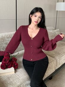 Modelyn Women's Solid Color Casual Daily Long Sleeve Sweater - Burgundy - View 3