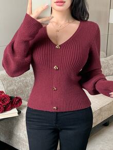 Modelyn Women's Solid Color Casual Daily Long Sleeve Sweater - Burgundy - View 7