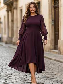 Velvienne Vintage Lantern Sleeve Elegant Plus Size Dress Fall - Burgundy - View 1