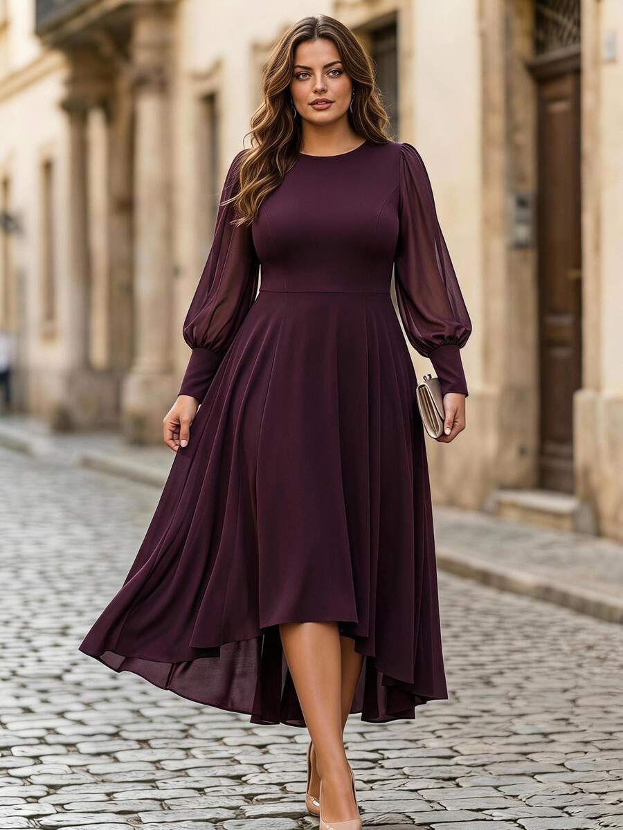 Velvienne Vintage Lantern Sleeve Elegant Plus Size Dress Fall - Burgundy - View 1