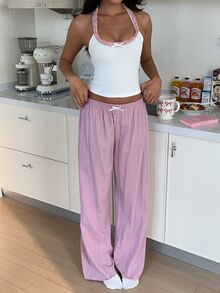 ZzzCrew Knitted Ribbed + Woven Jacquard Patchwork Lace Women's Pajama Set - Multicolor - View 4