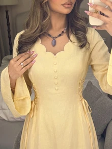 Yasmyna 春夏季刺繡繫帶收腰顯瘦優雅時尚女款阿拉伯長裙 - 黃色 - 查看 10