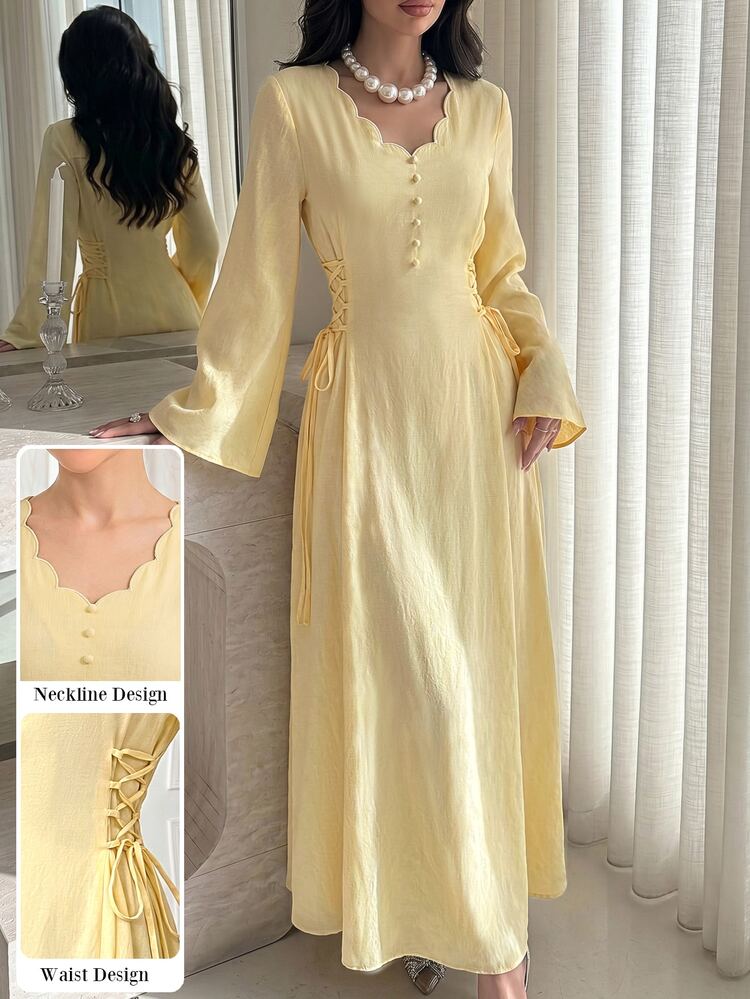 Yasmyna Spring/Summer Embroidered Lace-Up Waist-Cinched Slimming Elegant Fashionable Women's Arabian Dress - Yellow - View 8