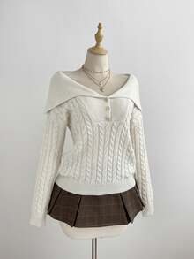 Elamini Women's White Casual Versatile Commute Daily Wear Classic Cable Knit Half-Button Pullover Sweater, Autumn/Winter - White - View 2