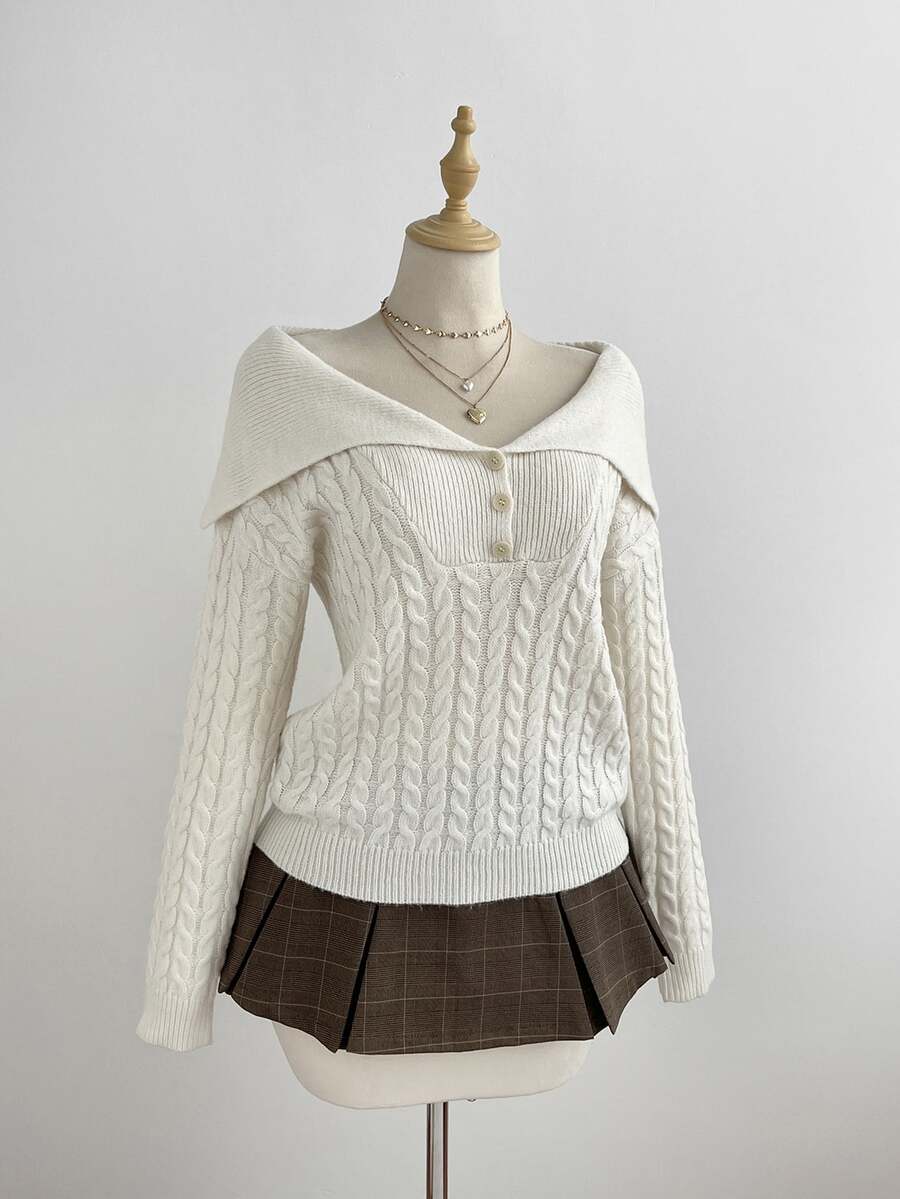 Mori Grove Mori Grove Women's White Casual Versatile Commute Daily Wear Classic Cable Knit Half-Button Pullover Sweater, Autumn/Winter - White - View 1
