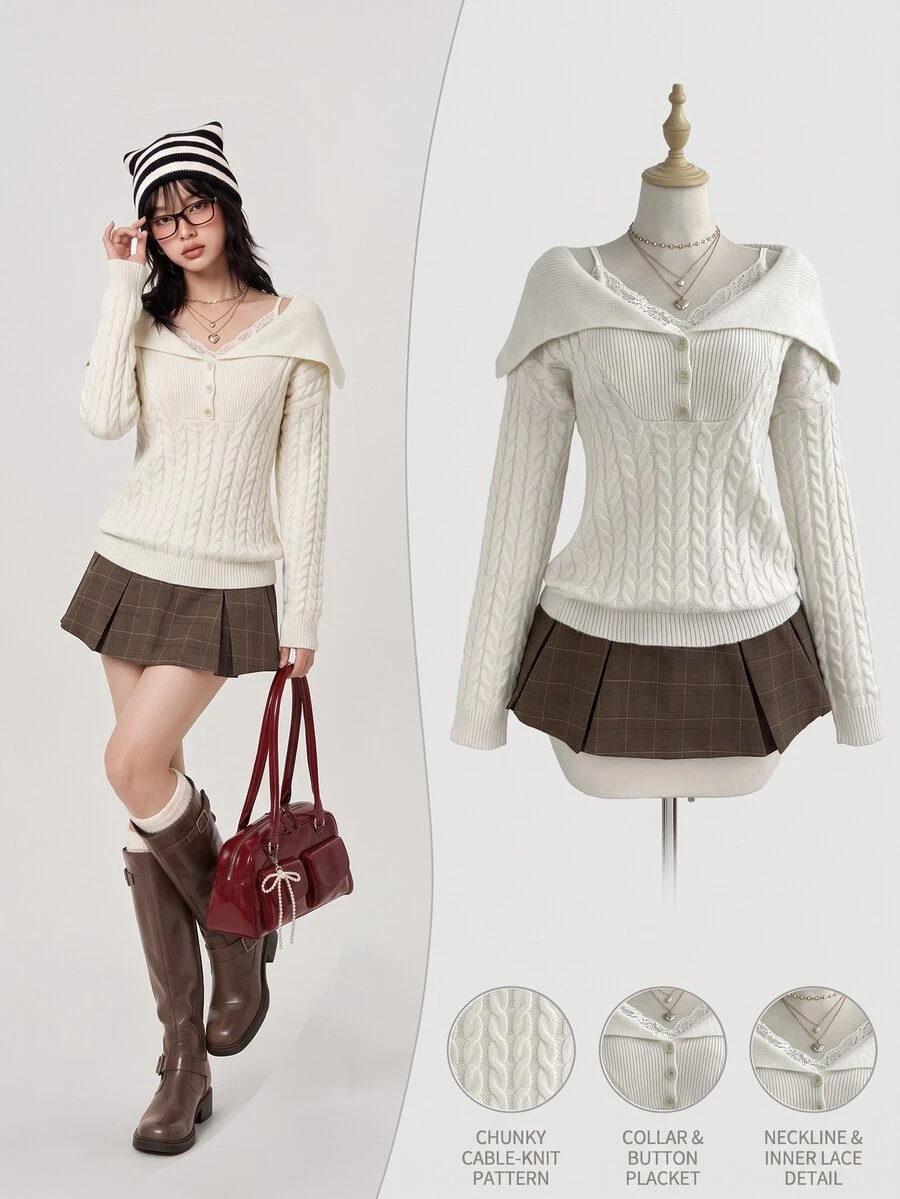 Elamini Women's White Casual Versatile Commute Daily Wear Classic Cable Knit Half-Button Pullover Sweater, Autumn/Winter - White - View 1