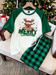 Daypath Men's Letter Cartoon Print Short Sleeve Top And Long Pants Casual Daily Home Sleepwear Set - Dark Green - View 1