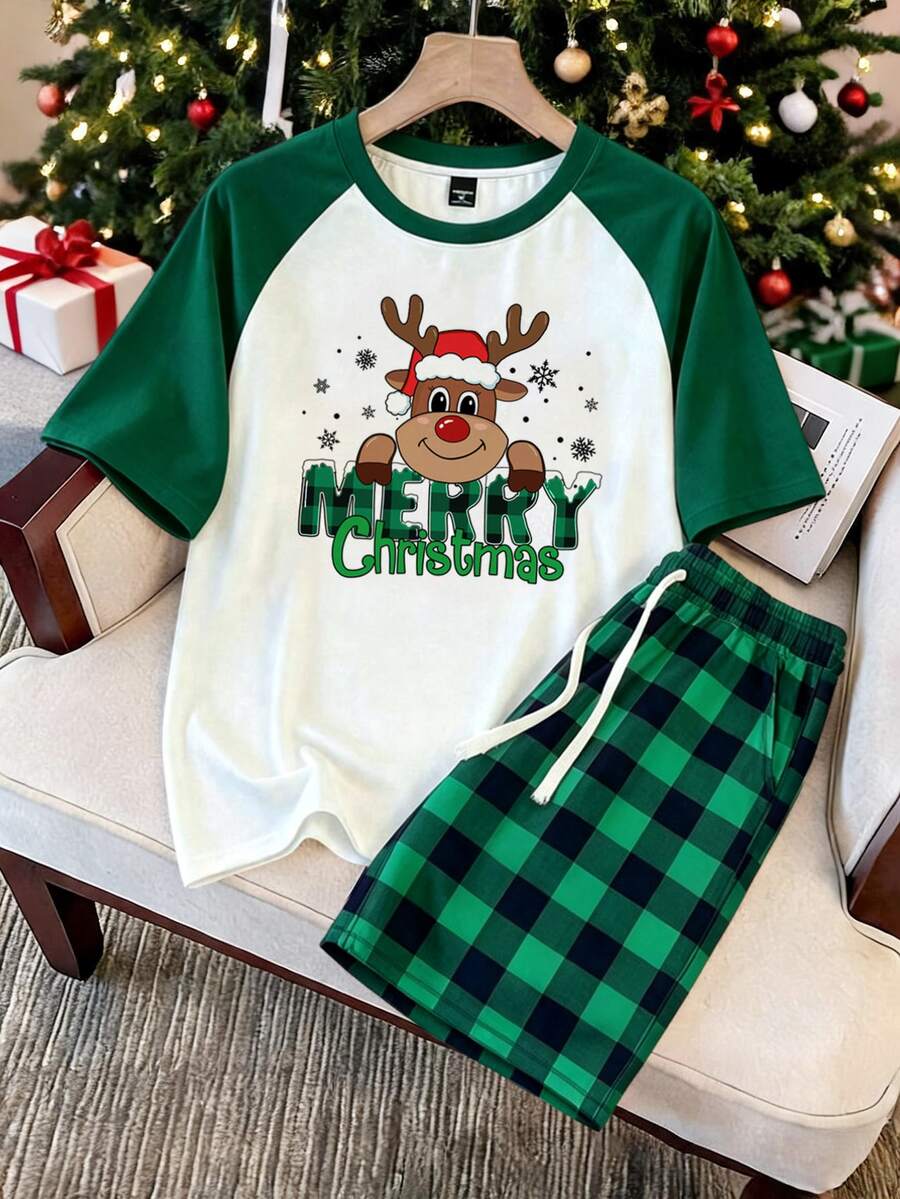 Daypath Men's Letter Cartoon Print Short Sleeve Top And Long Pants Casual Daily Home Sleepwear Set - Dark Green - View 1