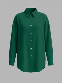 SHEIN 度假風白色椰子樹鏤空刺繡寬鬆沙灘襯衫洋裝 - 墨綠色 - 查看 4