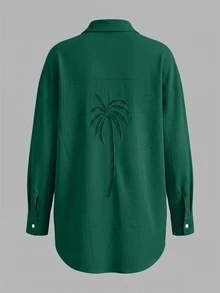 SHEIN 度假風白色椰子樹鏤空刺繡寬鬆沙灘襯衫洋裝 - 墨綠色 - 查看 5