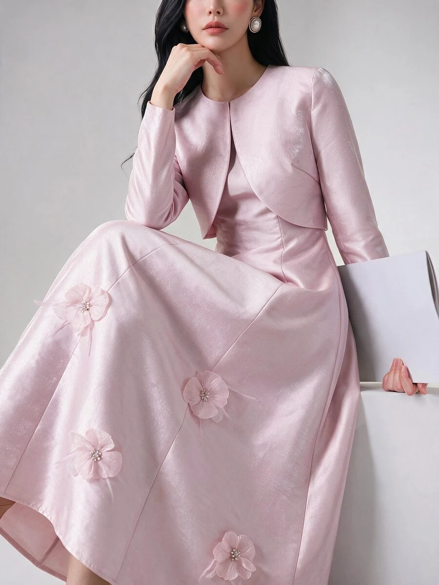 Heiryn Solid Satin Dress Dusty Pink Jacket Wedding Dinner Party Night Formal Mother Of The Bride Bride Getting Ready Fall Romantic Elegant - Pink - View 1