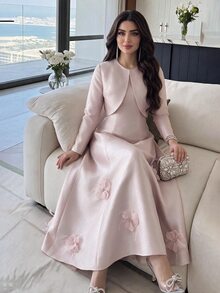 Heiryn Solid Satin Dress Dusty Pink Jacket Wedding Dinner Party Night Formal Mother Of The Bride Bride Getting Ready Fall Romantic Elegant - Pink - View 3