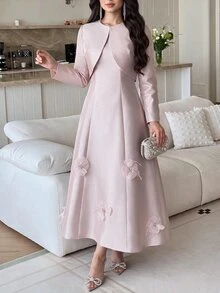 Heiryn Solid Satin Dress Dusty Pink Jacket Wedding Dinner Party Night Formal Mother Of The Bride Bride Getting Ready Fall Romantic Elegant - Pink - View 6