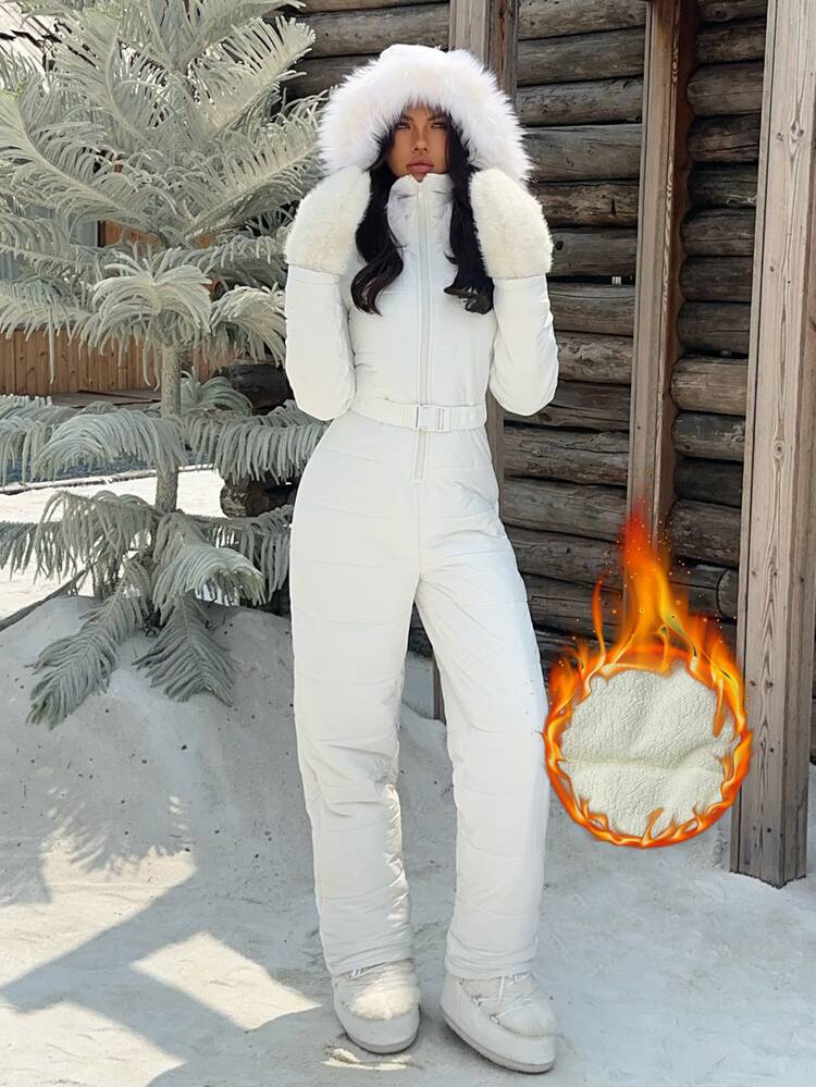Muchica Women's New Winter White Quilted Thermal Lined Hooded Jumpsuit, Suitable For Outdoor Skiing ,Winter Clothes For Women - White - View 6