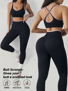 Dewbera Dewbera Seamless Sports Bra With Criss-Cross Back And Contrast Color Sports Set - Black - View 7