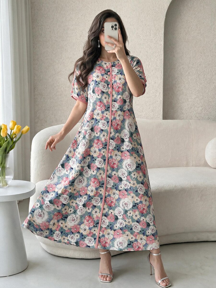 Al Najma 女款花卉印花圓領短袖單排扣阿拉伯風居家連身裙 Ninang 婚禮秋季端莊優雅款 - 彩色 - 查看 1