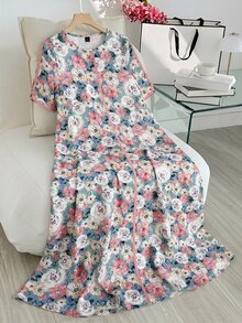 Al Najma 女款花卉印花圓領短袖單排扣阿拉伯風居家連身裙 Ninang 婚禮秋季端莊優雅款 - 彩色 - 查看 2