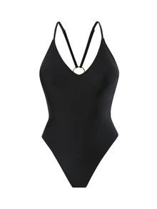 SHEIN Swim One-Piece Swimsuit, Deep V-Neck, Spaghetti Straps, Backless, Hollow-Out, Thong Bottom, Suitable For Beach & Summer - Black - View 5