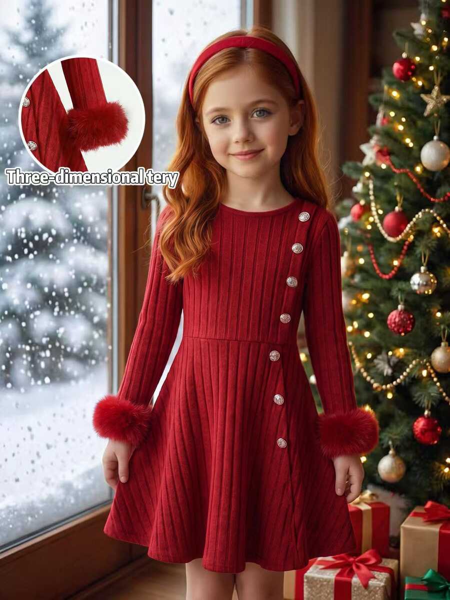 Girls Outfit Set 1pc Fall Knitted Ribbed Red Round Neck Long Sleeve Waist-Cinching A-Line Dress Button Decor Fairy Princess 7th Birthday Christmas - Red - View 1