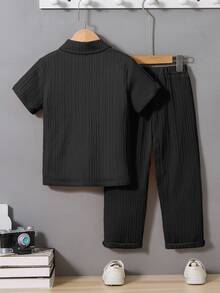 SHEIN Vacaura 2pcs Set Young Boy Solid Color Short Sleeve Button-Down Shirt And Pants, For Getaway, Holiday, Travel, Relax, Sunbathing, Summer - Black - View 3