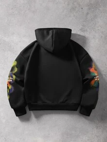 ROMWE MEN Men's Oversized Zipper Sweatshirt Sweatshirt With Blurred Figure Print - Black - View 3