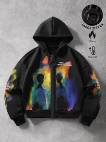 ROMWE MEN Men's Oversized Zipper Sweatshirt Sweatshirt With Blurred Figure Print - Black - View 1