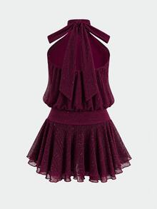 SHEIN Teen Girl Halter Neck Dress For Party, Date, Family Gathering, Christmas, Halloween - Burgundy - View 5