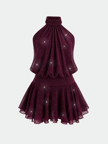 SHEIN Teen Girl Halter Neck Dress For Party, Date, Family Gathering, Christmas, Halloween - Burgundy - View 2