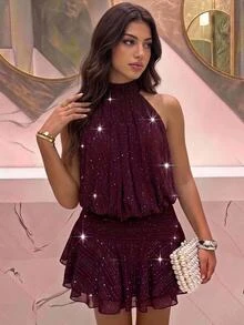 SHEIN Teen Girl Halter Neck Dress For Party, Date, Family Gathering, Christmas, Halloween - Burgundy - View 4