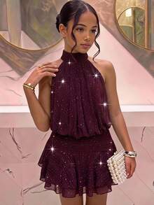 SHEIN Teen Girl Halter Neck Dress For Party, Date, Family Gathering, Christmas, Halloween - Burgundy - View 1