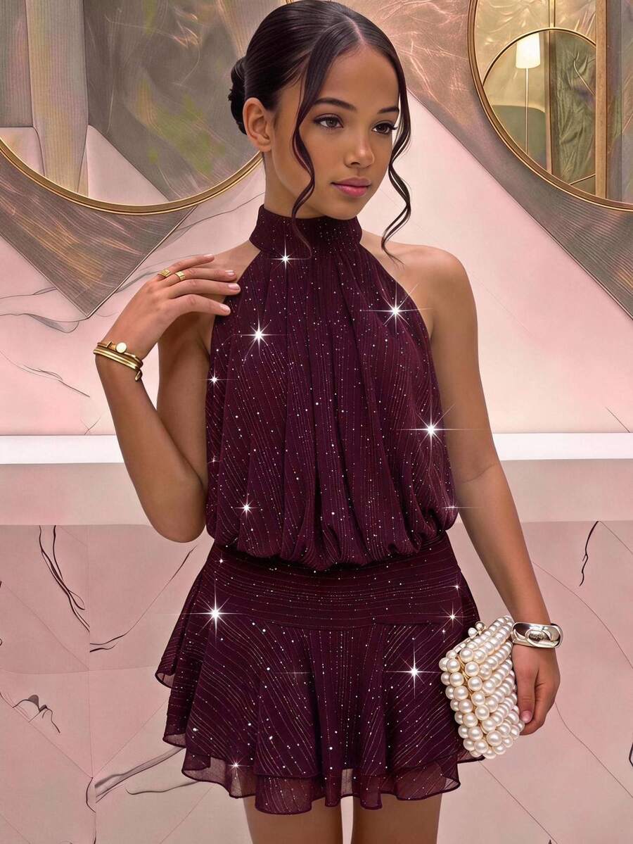 SHEIN Teen Girl Halter Neck Dress For Party, Date, Family Gathering, Christmas, Halloween - Burgundy - View 1