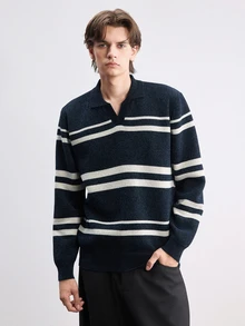 Manfinity CasualKnits Men's Striped Long Sleeve Casual Sweater, Autumn/Winter - Navy Blue - View 6